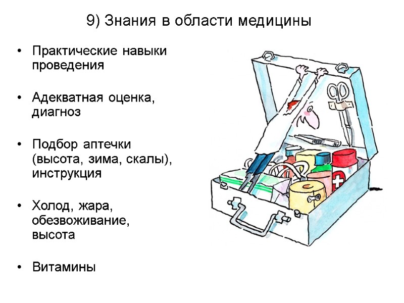 Практические навыки проведения  Адекватная оценка, диагноз  Подбор аптечки (высота, зима, скалы), инструкция